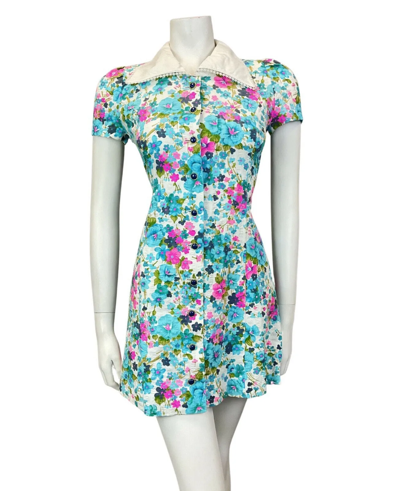 VINTAGE 60s 70s BLUE PINK WHITE FLORAL DITSY WING COLLAR MOD SHORT DRESS 8