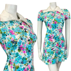 VINTAGE 60s 70s BLUE PINK WHITE FLORAL DITSY WING COLLAR MOD SHORT DRESS 8