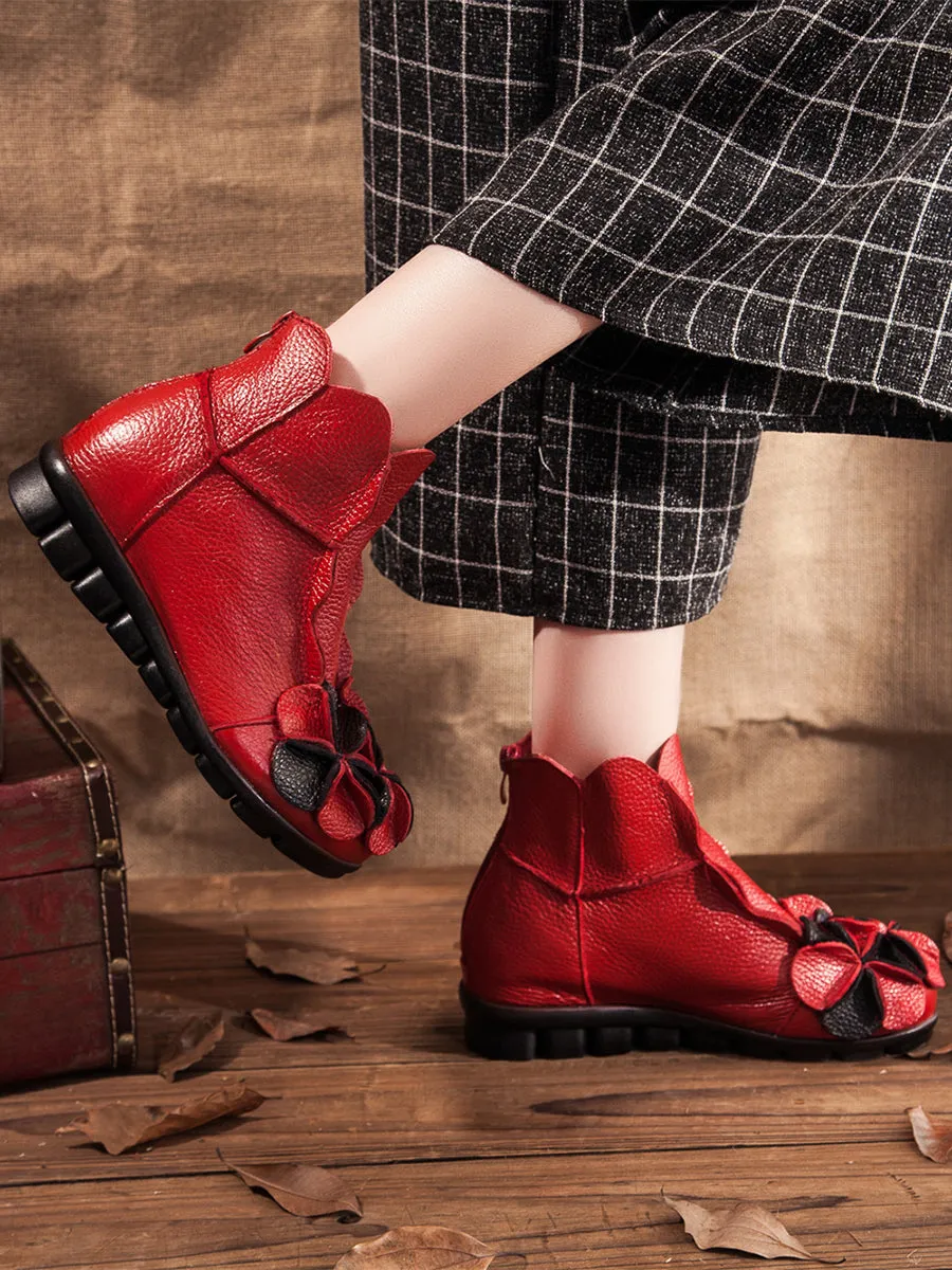 Women Winter Retro Leather Flower Spliced Ankle Boots